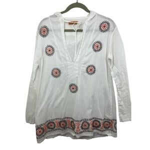 Roberta Freymann Women's Tunic Coverup V Neck White Embroidered Large Resort 90s